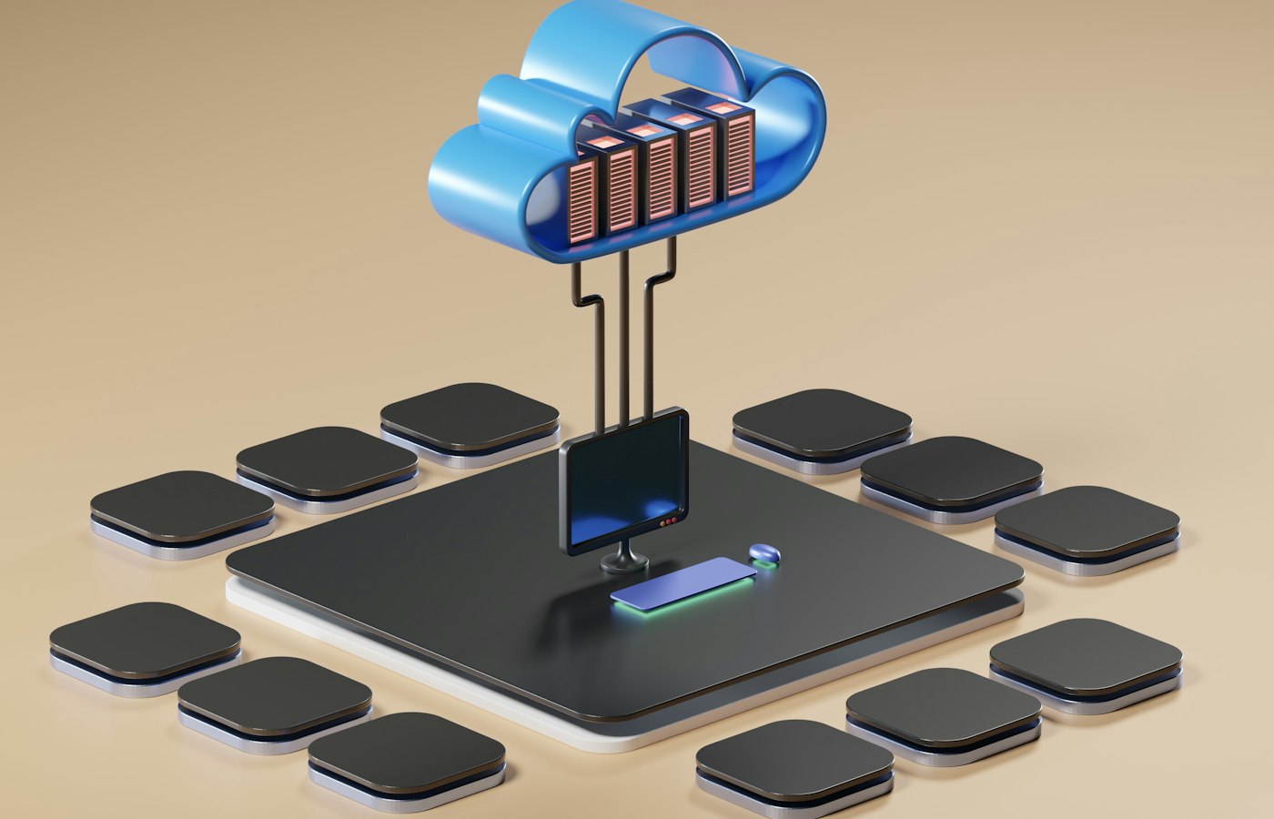 3D render of a cloud computing concept, with servers connecting up into a cloud